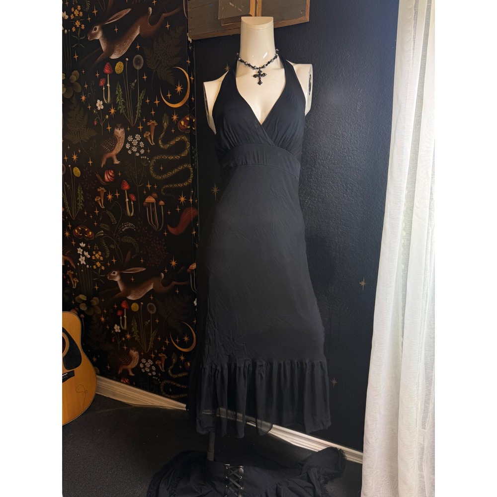 Jonathan Martin Black 100% Silk Halter Midi Dress Ruffle Hem Women Size 12